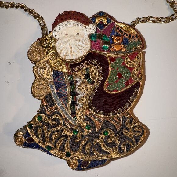 Mary Frances Wood Velvet Beaded Santa Xmas Chain Handbag Purse Holiday - Picture 2 of 11